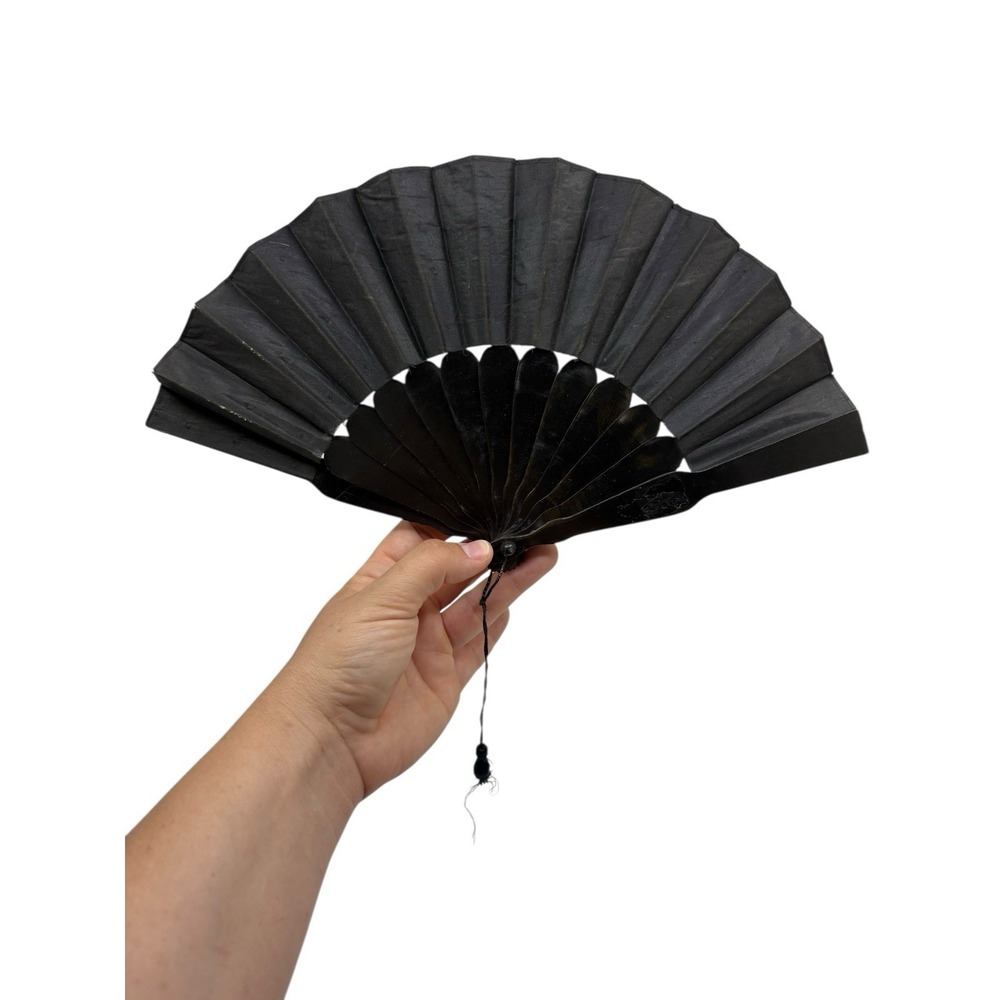 Antique Black Formal Hand Painted Cloth Folding Hand Fan